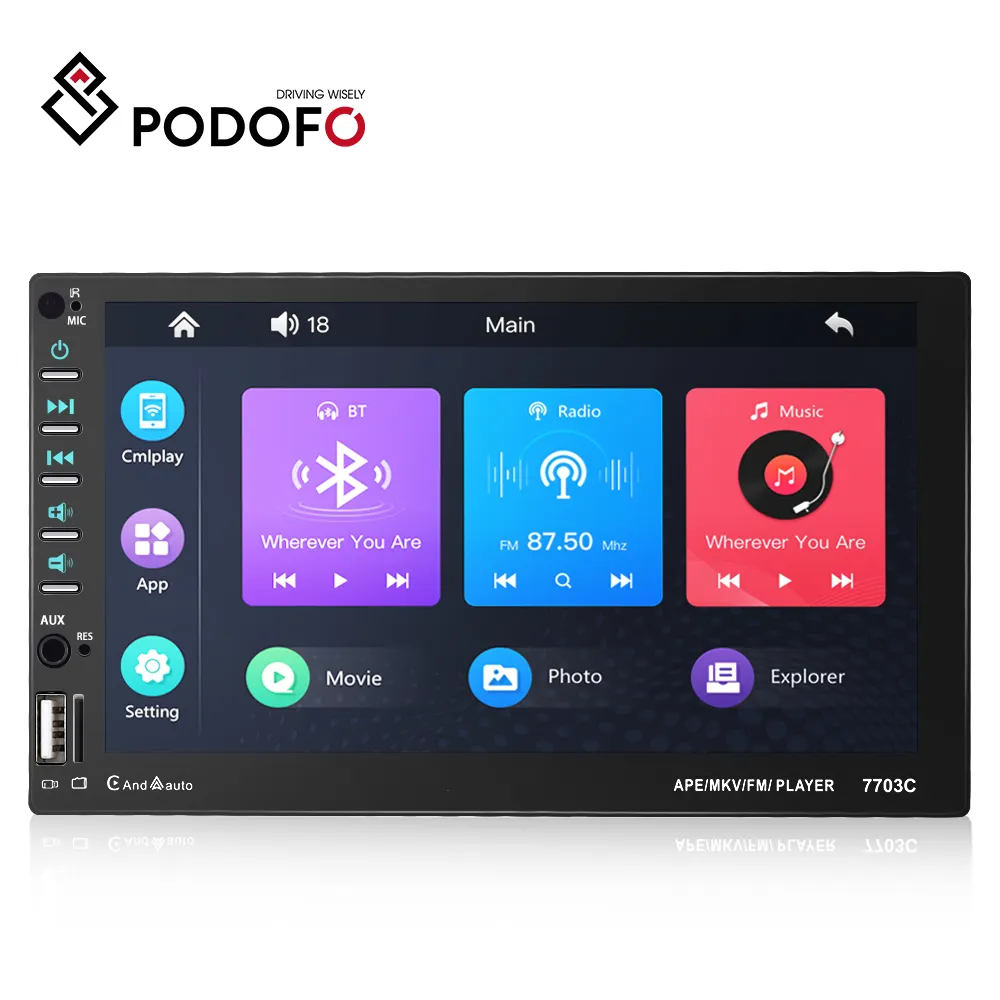 Podofo Double Din 7Inch Car Mp5 Player Carplay Android Auto BT FM USB + External Mic Car Radio Autoradio