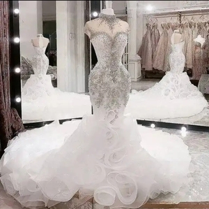 Nouvelle robe de mariée sirène de luxe, robe de mariée scintillante à paillettes, robe de mariée à manches courtes et volants - Product Image 3