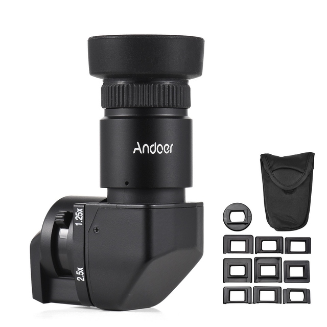 Andoer Camera Viewfinder 1.25X/ 2.5X Magnification Right Angle Viewfinder with 10 Mounting Adapters Replacement for DSLR Camera