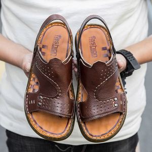 Sandales d'été pour hommes en cuir de vache, semelle souple et confortable, chaussures de plage, sandales plates à enfiler, grandes tailles - Product Image 5