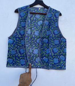Handmade Blue Floral Printed Cotton Short Puffer <b>Waistcoat</b> <b>Women's</b> Open Front V-Neck Dori Vest Jacket Casual Outer Wear - Product Image 5