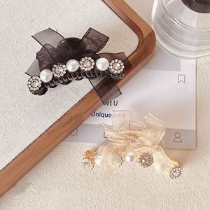 Pinces à cheveux nœud papillon français avec strass et perles, pince à cheveux simple en plastique maillé pour fête et mariage - Product Image 1