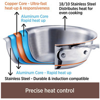Marmite à induction Proshui 5 couches en acier inoxydable avec cœur en cuivre, couvercle en verre trempé, 24 cm, finition poli miroir