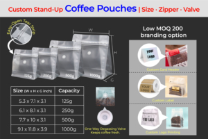 Sacchetti per Caffè Personalizzati Stampati su Misura, Opachi Trasparenti di Grado Alimentare, Apertura Superiore, Sigillabili, <span class=keywords><strong>250</strong></span> <span class=keywords><strong>Grammi</strong></span> con Cerniera e Valvola - Product Image 2
