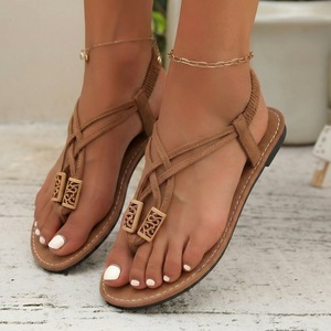 Ladies Bohemian Wood Bead Thong <b>Sandals</b> <b>Elastic</b> Ankle Band Cross‑strap Flat Summer Casual Footwear - Product Image 3