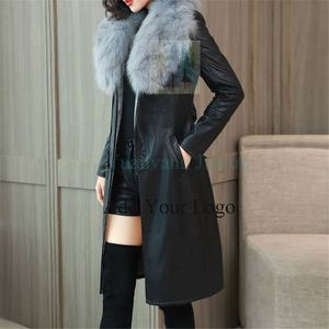 Ampio colletto di lana abbigliamento invernale in <span class=keywords><strong>pelle</strong></span> da <span class=keywords><strong>donna</strong></span> felpato spesso medio e lungo 2022 coreano nuovo cappotto in <span class=keywords><strong>pelle</strong></span> a vita sottile - Product Image 2