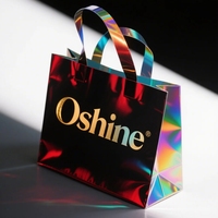 Sac Cadeau Holographique de Luxe en Papier avec Poignée en Tissu Noir, Sac Fourre-tout Personnalisé avec Logo Doré pour Cadeaux Haut de Gamme