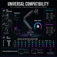 Bras de moniteur RGB pour configuration de jeu, support de bureau à bras unique, réglable en hauteur, ergonomique, pour moniteur d'ordinateur de 17 à 32 pouces, noir