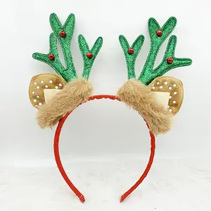 AOQI diadema de felpa de Navidad de moda personalizada, diadema de cuerno de alce brillante con campana pequeña para mujeres, niñas, decoración del cabello