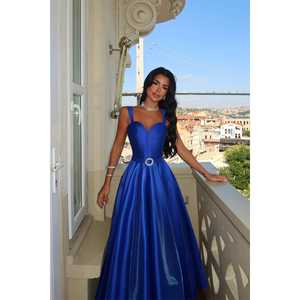 Robe bleu marine en satin à fines bretelles avec boucle en pierre, taille empire, coupe trapèze, fente queue de poisson, disponible en tailles XS S M L XL pour soirée - Product Image 2