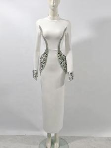 Yeni siyah ve beyaz yuvarlak boyun uzun kollu elmas seksi zarif doğum günü akşam kokteyli parti bandaj toptan kadın elbise - Product Image 3