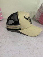 5 Panel topi bingkai topi Trucker bergaris profil tinggi kualitas kustom topi Trucker 5 Panel Logo bordir 2 sisi garis topi Trucker