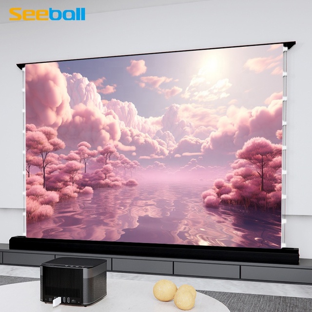 Seeball 100 Inch Motorized Floor Rising Portable UST/Long Throw Projector Screen 16:9 Black Smart Voice Control 1-Year Warranty