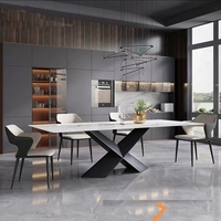 Table à manger rectangulaire moderne de luxe en pierre frittée avec base en X, ensemble de 6 chaises de salle à manger réglables, mobilier de salle à manger