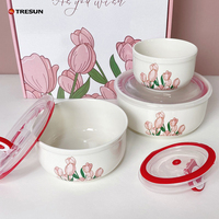 Ensemble de 3 bols de rangement gigognes en céramique, allant au micro-ondes et au lave-vaisselle, design floral, en porcelaine européenne avec couvercles