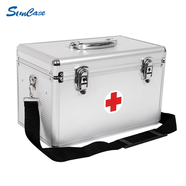 Aluminum First Aid Kit Box with Compartments Portable Medical Storage Case with Handle & Shoulder Strap Medical Box