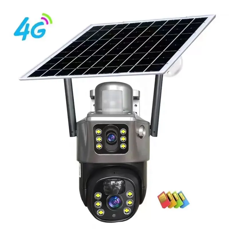 सौर ऊर्जा चालित निगरानी V380 प्रो 8MP 4G वायरलेस वाईफ़ाई आउटडोर सुरक्षा कैमरा डुअल लेंस 4k एचडी Ptz कैमरा सौर पैनल के साथ