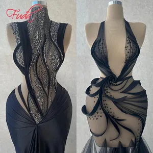 FUDA C202 Products 2023 Vestido de cumpleaños de diamantes de manga larga para mujer Vestido elegante de Club ajustado con diamantes de imitación plateados para mujer