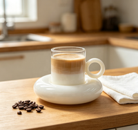 Ensemble tasse et soucoupe en verre borosilicate fait main, avec anse unique en forme d'anneau, soucoupe blanche en forme de donut, pour café, thé, latte, avec plateau, idéal pour les fêtes