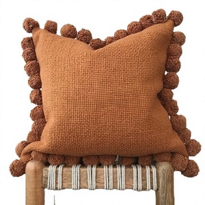 Bohemian Decorative Cotton Cushion <b>Cover</b> Multi Pom Pom Design Handwoven Indoor-Outdoor Geometric <b>Throw</b> Pillow Woven Wool - Product Image 1