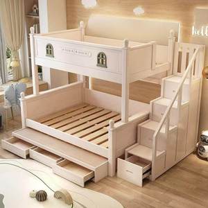 Lit superposé de style château en bois massif européen, double sur double, avec 2 tiroirs, 3 étagères et glissière pour lit mezzanine double - Product Image 4