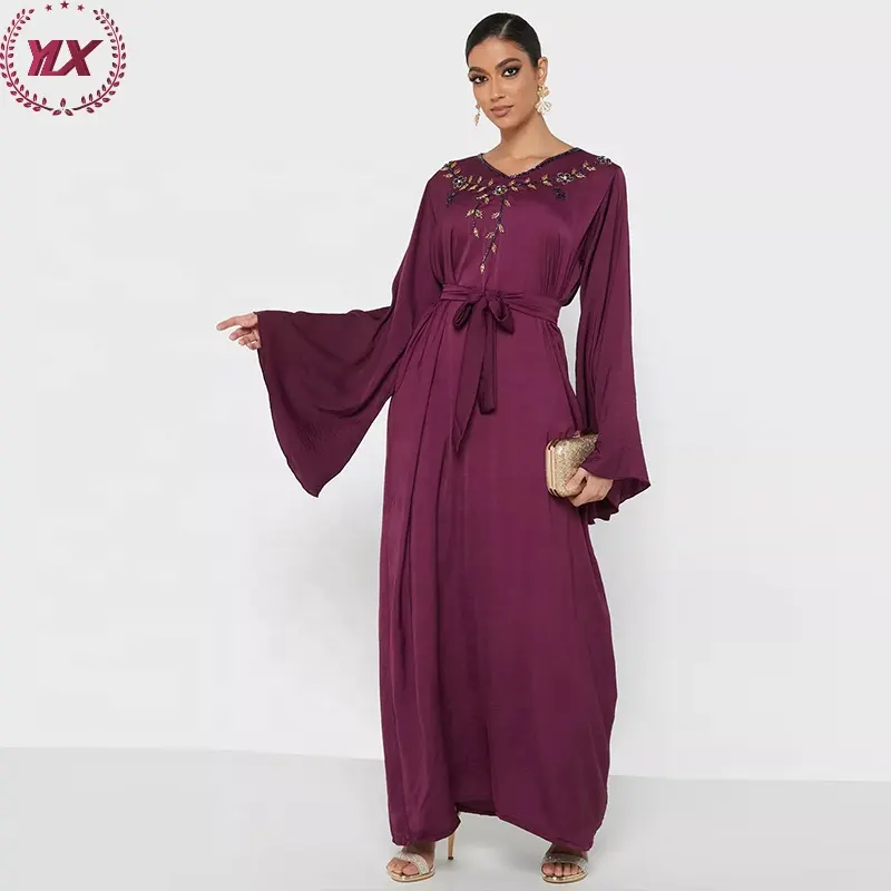 Gaun Wanita Musim Panas Elegan Kaus Midi Wanita Gaun Kasual Longgar Mengalir Swing Shift Detail Jalabiya Bordir Formal Floral