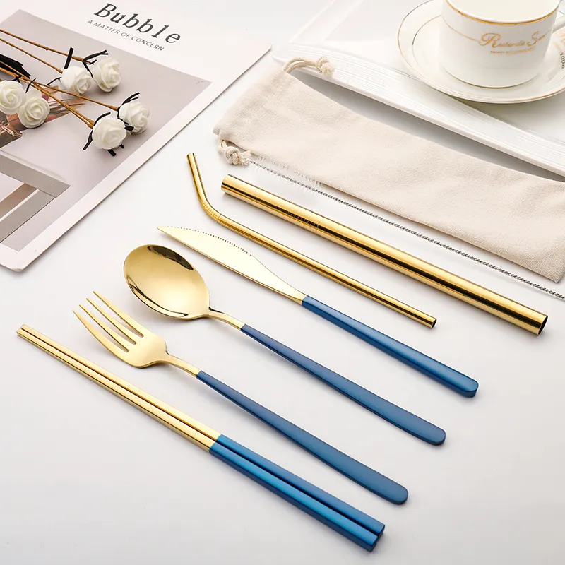 Flatware gift set SS304 Portable Colorful Travel Cutlery Set 6 pcs knife spoon fork chopsticks straw