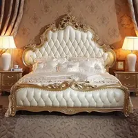 Cama King de Lujo Estilo Princesa Real Tallada en Madera Maciza Europea para el Hogar y Hotel