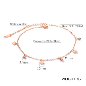 Tobillera de corazón rosa dorado estilo bohemio para hombres y mujeres, joyería sencilla y delicada para los pies, GZ060