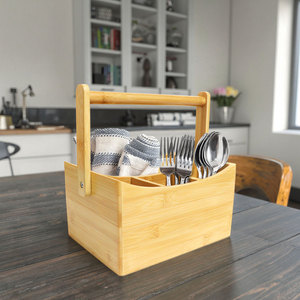 Portable Dining <strong>Table</strong> <strong>Caddy</strong> Storage 4 Compartments Wooden Desk Organiser Bamboo Flatware Utensil <strong>Caddy</strong> with Swing Handle - Product Image 1