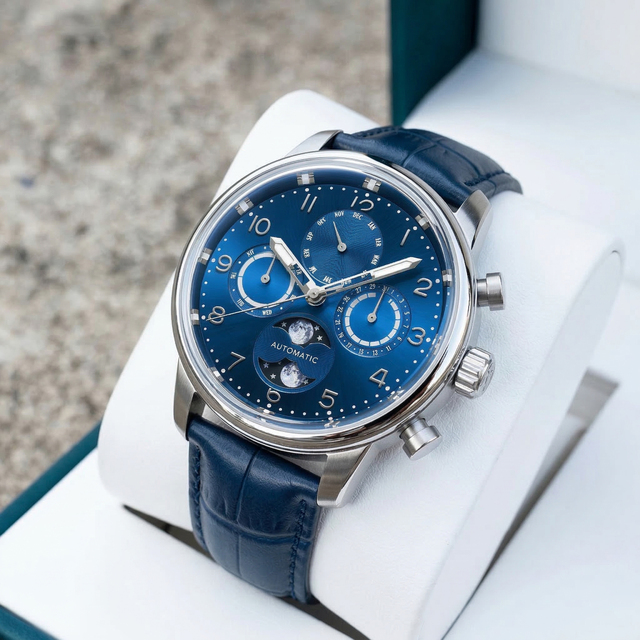 Private Label Luxury men's Moon Phase Watch Stainless Steel Sapphire Classic Business Blue Mechanical Watches OEM Manufacturers