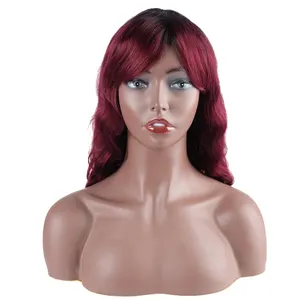 Peluca ondulada de cuerpo rojo vino de 18 pulgadas con flequillo, cabello humano brasileño Remy, hecha a máquina, 100% de cabello humano para mujer negra