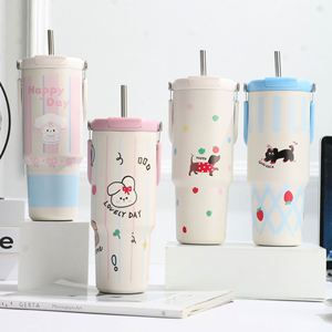 Gobelet isotherme en acier inoxydable imprimé motif chien et lapin Kawaii, avec sangle de transport et couvercle à paille, idéal pour étudiants, bureau, cadeau - Product Image 4