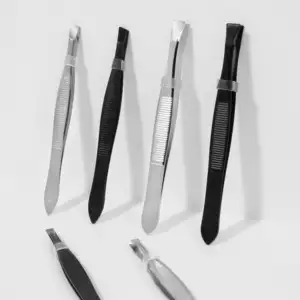 Custom private label stainless steel black flat tip false lash extension tweezers precise blades eyebrow hair removal tweezers