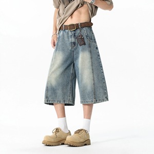 Pantalones Cortos de Mezclilla Vintage para <span class=keywords><strong>Hombre</strong></span>, Lavados, Holgados, de Pierna Ancha, Casuales, de Siete Puntos, Rectos, con Opción de Impresión de Logotipo Personalizado - Product Image 3