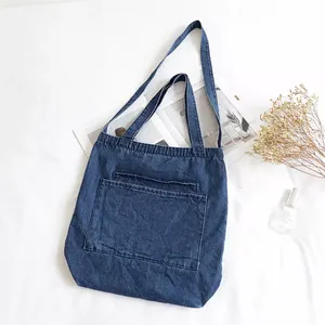 Bolsa de sacola de denim azul lisa, tecido ecológico, reutilizável, grande, de lona, com bolso e zíper