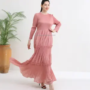 Neue plissierte Boho-Stick-Mode Schlussverkauf Frühjahr Sommer Damen Herbst Langarmkleid rosa Übergröße Luxuskleid