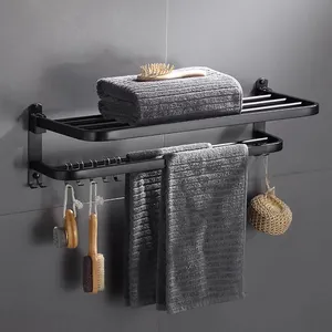Foldable बाथरूम भंडारण शेल्फ दीवार हुक के साथ Mouted स्टेनलेस स्टील काले मैट तौलिया रैक तौलिया बार
