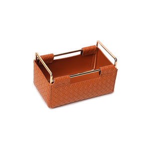 <b>Leather</b> Storage Box 2 Square Desktop Organizer Dark Brown <b>Woven</b> Pattern 2L Capacity Makeup <b>Bag</b> Stationery Holder - Product Image 4