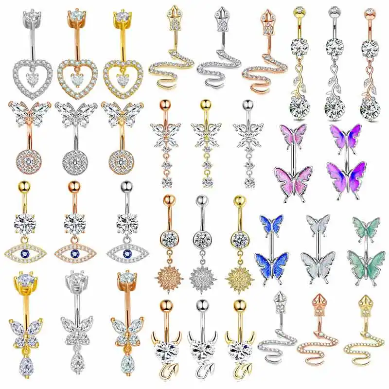 3 color mix wholesales body piercings 14G Belly Button Piercing Heart Navel Ring 316L Surgical Stainless Steel CZ Belly Piercing