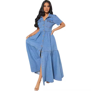 Maxi vestido informal personalizado de fábrica para <span class=keywords><strong>mujer</strong></span>, vaquero lavado, transpirable, línea A, manga corta, logotipo frontal con varios botones, moda sencilla - Product Image 4