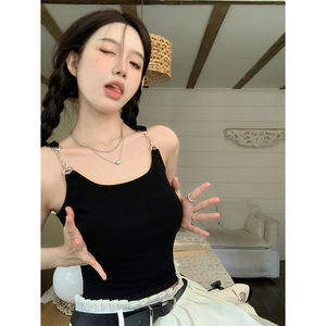 Sleeveless Black Camisole Top With <b>Suspenders</b> For Women Summer Solid Color Polyester Fit Tank Top - Product Image 3