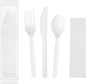 Kits de Cubiertos Compostables CPLA con Certificación BPI (Tenedor, Cuchara, Cuchillo, Servilleta 4 en 1) Envueltos Individualmente Desechables - Product Image 1