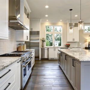 CBMmart-armarios de cocina de estilo lacado azul claro, Panel de puerta empotrada de 2 PAC, encimera blanca, Panel de puerta de vidrio marrón - Product Image 2