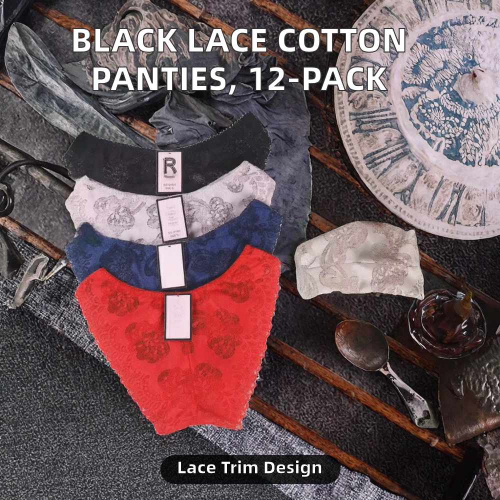 Ribbed Knitted Cotton Lace Hipster Solid Color Black Mid-Rise Anti-Bacterial Eco-Friendly for Cheap Wholesale Price Dozen Pack