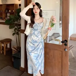Hồng Kông Gió Micro Chất Béo Mực Hoa Trượt Váy Mỏng Và Gợi Cảm Mùa Hè Mới Chia Nữ Giữa Váy Dài