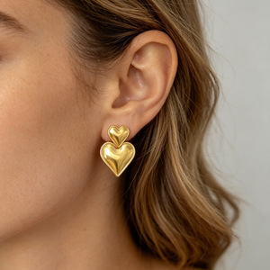 Pendientes de Corazón Doble Chapados en Oro de 18K, Sin Deslustre, de Fanhua Jewelry, Éxito de Ventas en <span class=keywords><strong>TikTok</strong></span> - Product Image 1