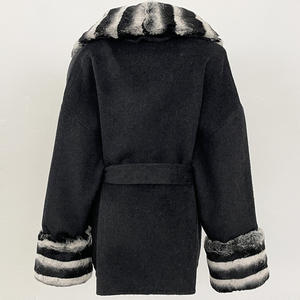 고품질 울과 캐시미어 코트 토끼 친칠라 털 칼라와 커프스 여성 겨울 코트 - Product Image 5