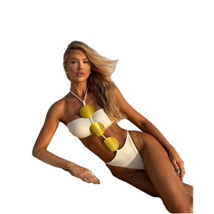 Traje de Baño Enterizo Sexy de Color Sólido al por Mayor, Bikini Halter con Diseño Hueco, Traje de Baño Circular Metálico para Playa - Product Image 1