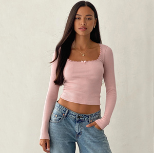 T-shirt côtelé à manches longues en dentelle pour femme, coupe ajustée, col rond, 92 % viscose, 8 % élasthanne, imprimé personnalisé - Product Image 1
